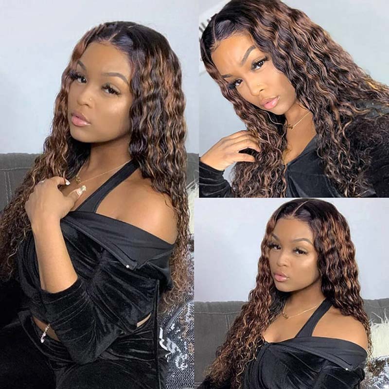 Ali Annabelle Highlight Wig Brown Honey Blonde Water Wave 4x4 Lace Front Human Hair Wigs