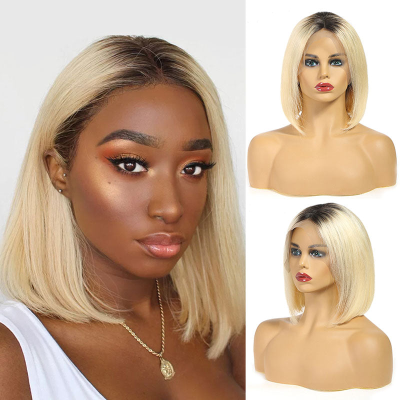 Ali Annabelle 1B/613 Dark Root Honey Blonde Bob Wig Short Straight Human Hair Wigs