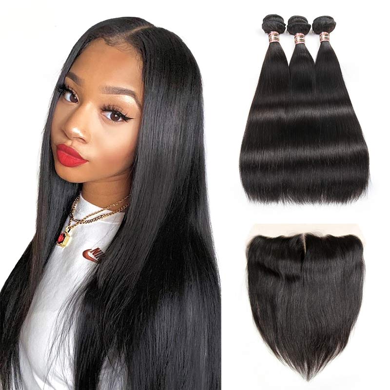Ali Annabelle Brazilian Straight HD Lace Frontal with Human Hair Weave Bundles