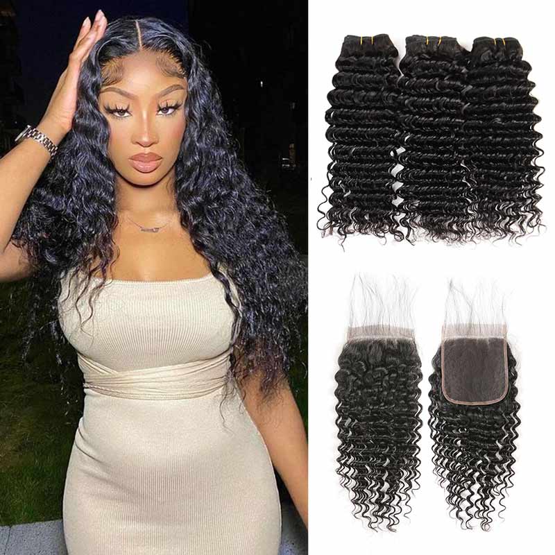Ali Annabelle Brazilian Deep Wave Human Hair Bundles With 10-20inch Lace Closure
