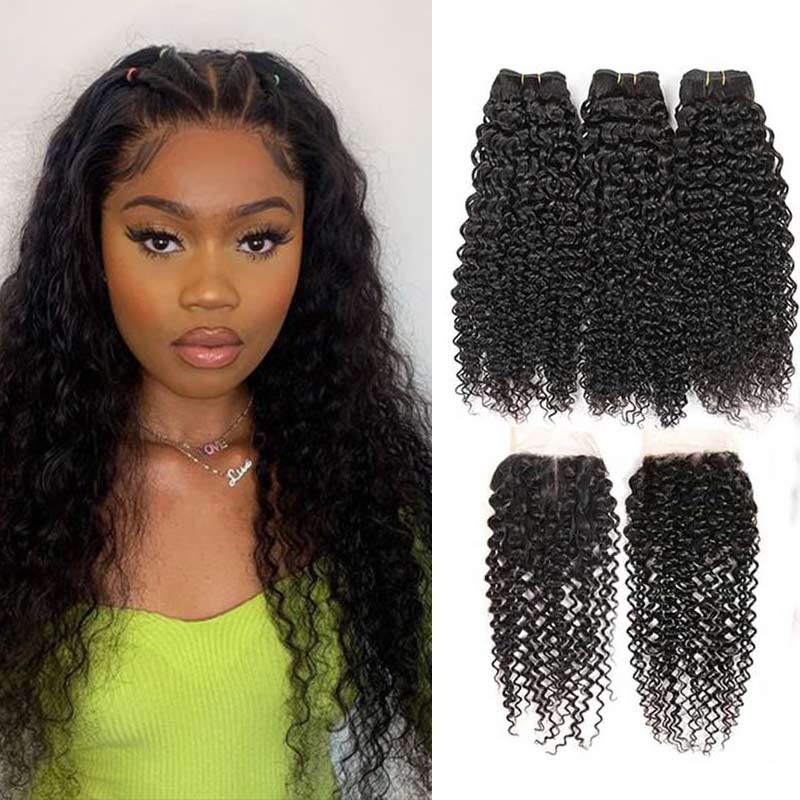 Ali Annabelle Virgin Human Hair Weave 10-26inch Kinky Culry Hair Bundles with 4x4 Swiss Lace Closure