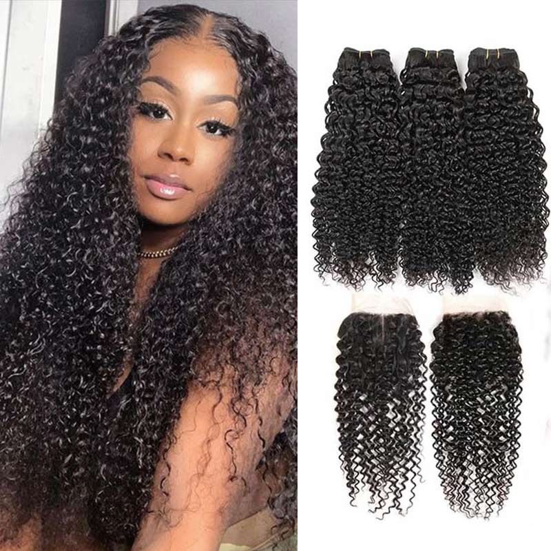 Ali Annabelle Virgin Human Hair Weave 10-26inch Kinky Culry Hair Bundles with 4x4 Swiss Lace Closure