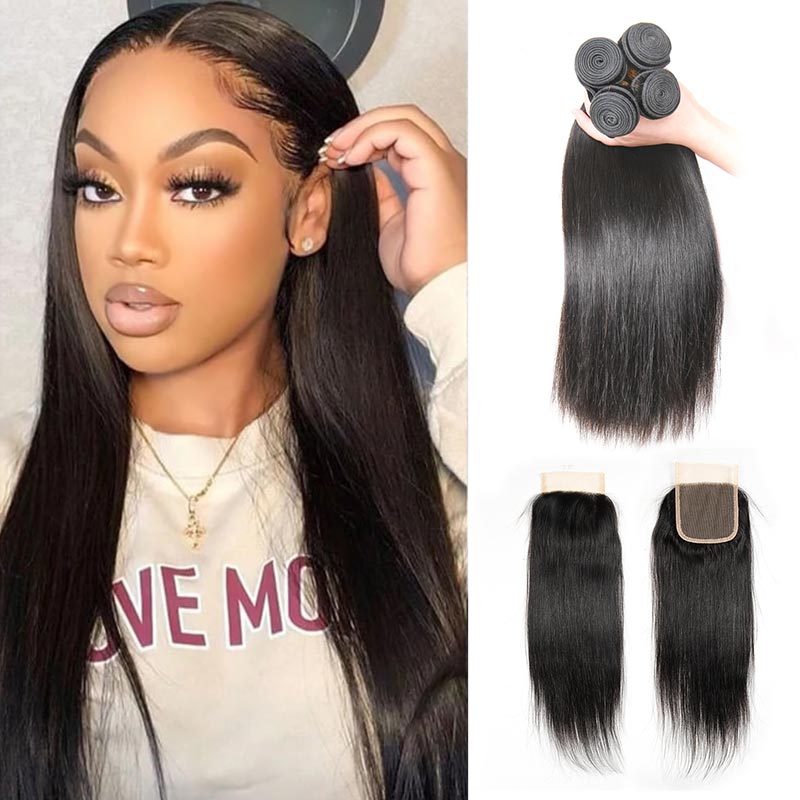 Ali Annabelle 4 Bundles Silky Straight Human Hair Weave Bundles With 4 by 4 Lace Closure