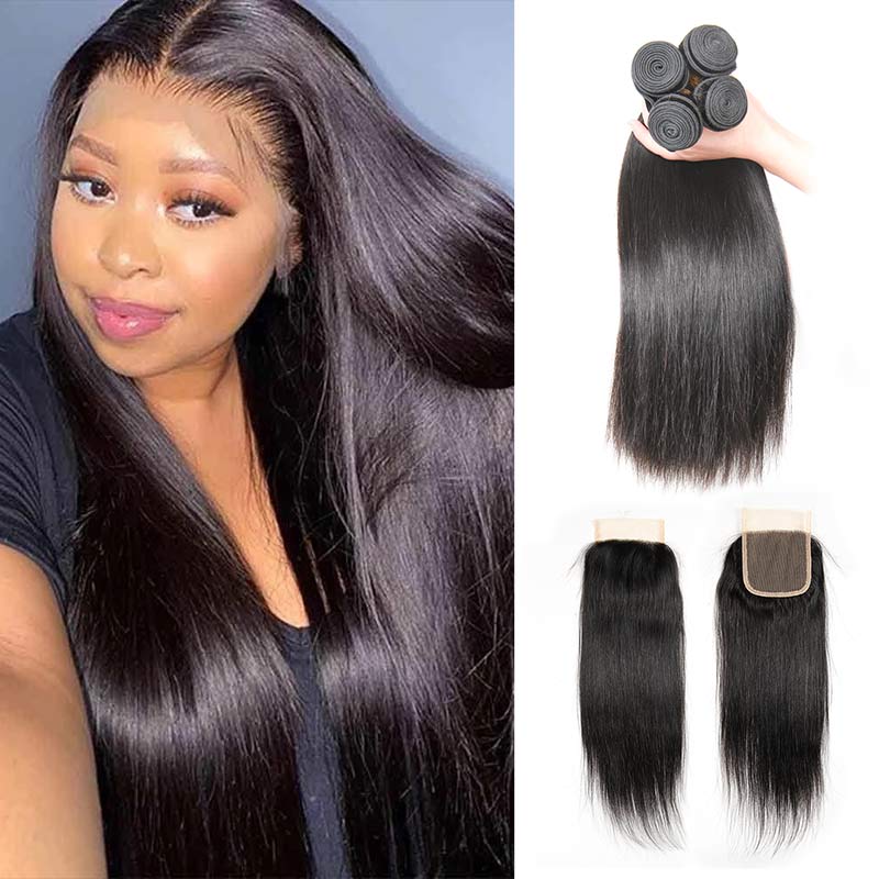 Ali Annabelle 4 Bundles Silky Straight Human Hair Weave Bundles With 4 by 4 Lace Closure