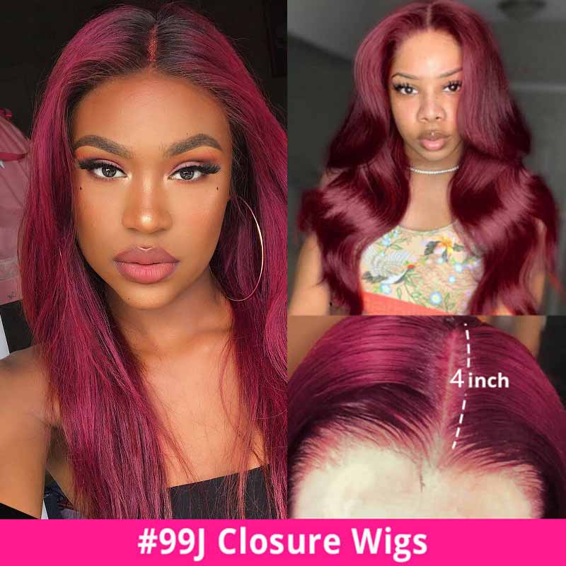 Ali Annabelle 4x4 Burgundy Red PrePlucked 99J Lace Closure Human Hair Wigs