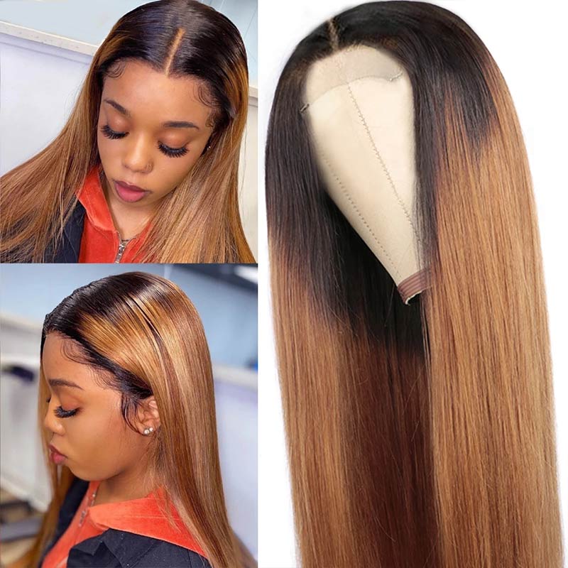 Ali Annabelle Ombre 1B/30 Colored Dark Roots Honey Brown Straight Human Hair Wigs