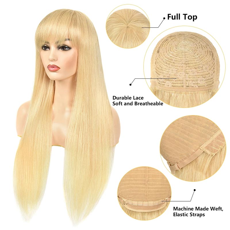 Ali Annabelle 613 Honey Blonde Glueless Straight Human Hair Wigs With Bangs Full Machine Made Wig