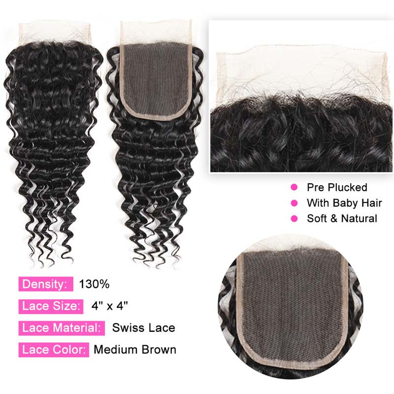 Ali Annabelle Brazilian Deep Wave Human Hair Bundles With 10-20inch Lace Closure