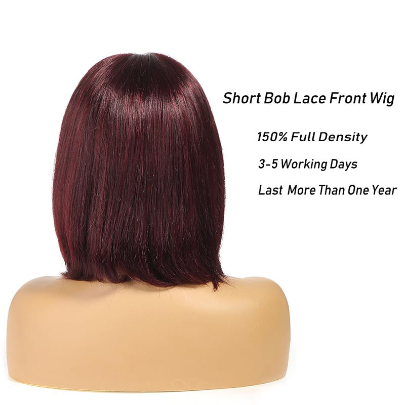 Ali Annabelle 99J Color Burgundy Red Short Bob Wigs 150% Density Straight Lace Closure Wig