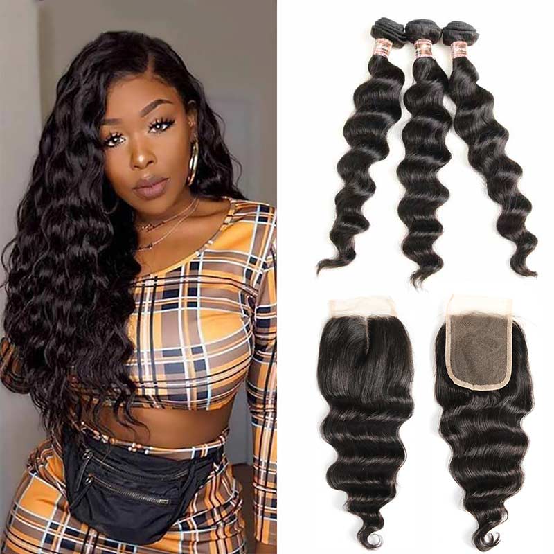 Ali Annabelle Brazilian Loose Wave Human Hair Weave Bundles With Closure