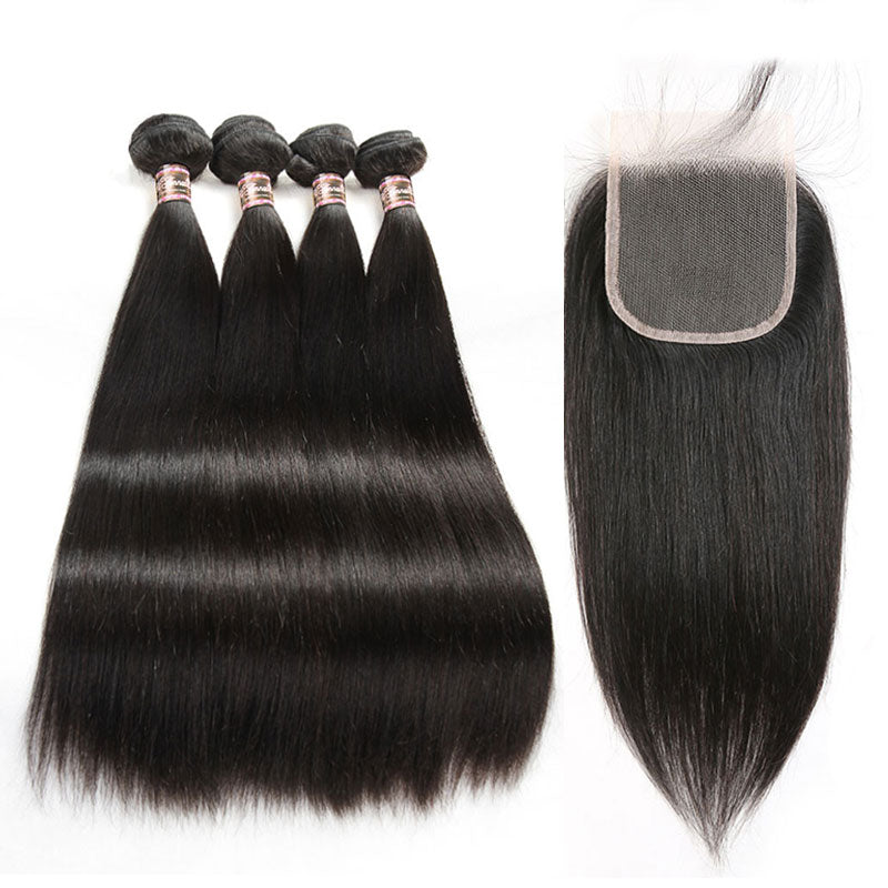 Ali Annabelle 4 Bundles Silky Straight Human Hair Weave Bundles With 4 by 4 Lace Closure