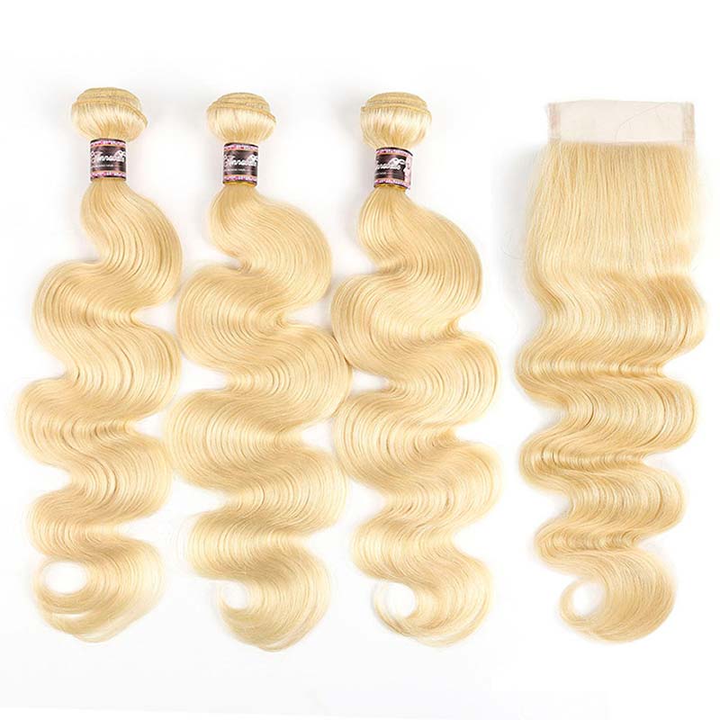Blonde Remy Brazilian Wavy Human Hair Bundles With Closure-6