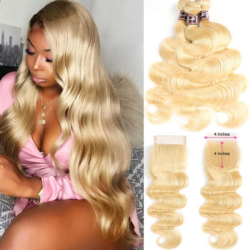 Blonde Remy Brazilian Wavy Human Hair Bundles With Closure-5