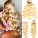 Blonde Remy Brazilian Wavy Human Hair Bundles With Closure-5