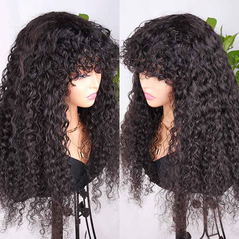 Ali Annabelle Glueless Curly Human Hair Wigs With Bangs Full Machine Made Realistic Scalp