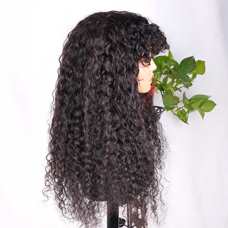 Ali Annabelle Glueless Curly Human Hair Wigs With Bangs Full Machine Made Realistic Scalp