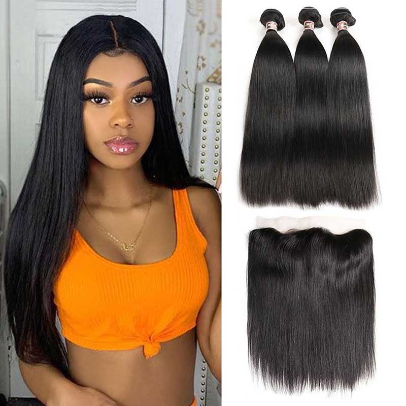 Brazilian Straight Human Hair Weave Bundles With HD Frontal-5