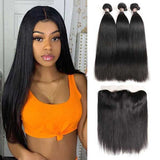 Brazilian Straight Human Hair Weave Bundles With HD Frontal-5