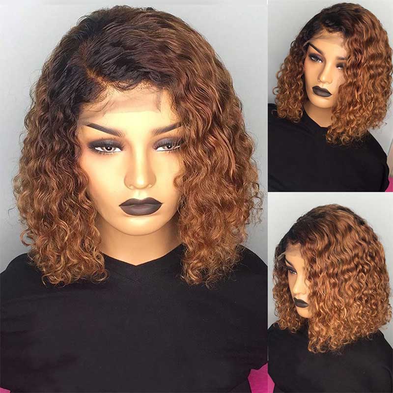 Ali Annabelle 1B/30 Short Curly Bob Wig Dark Roots Ombre Colored Human Hair Wigs