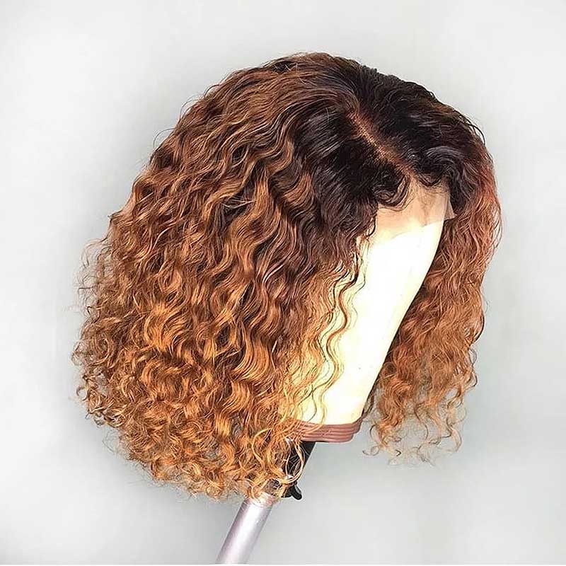 Ali Annabelle 1B/30 Short Curly Bob Wig Dark Roots Ombre Colored Human Hair Wigs
