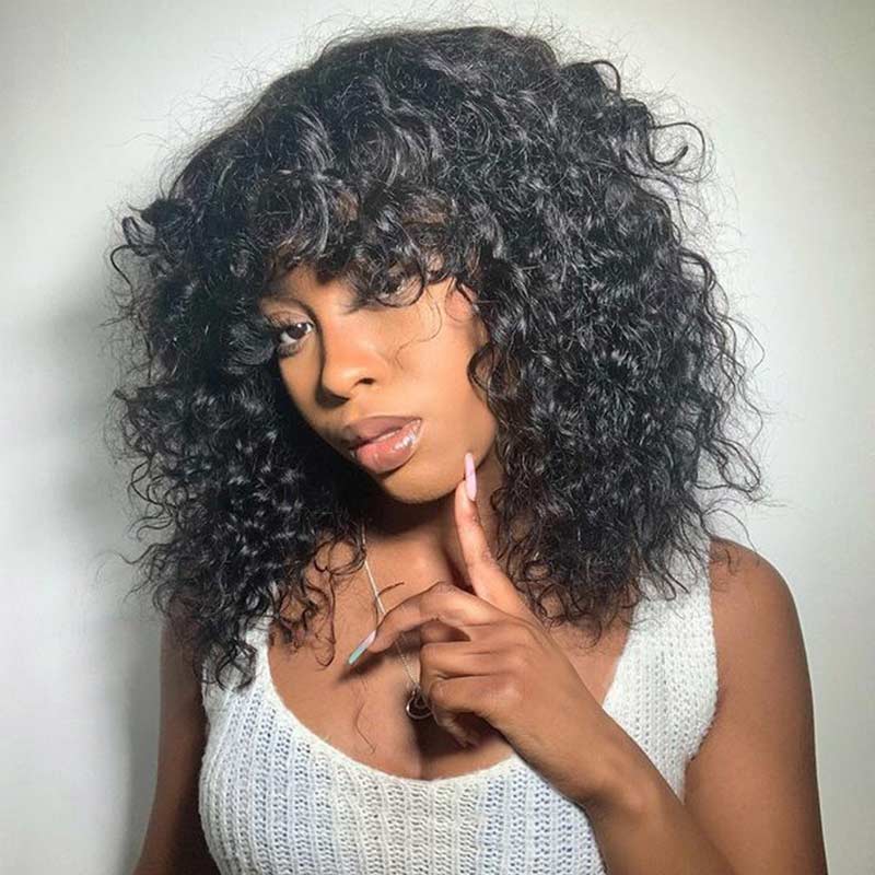Ali Annabelle Jerry Curly Short Bob Human Hair Wigs Full Machine Made Glueless Wig with Bangs