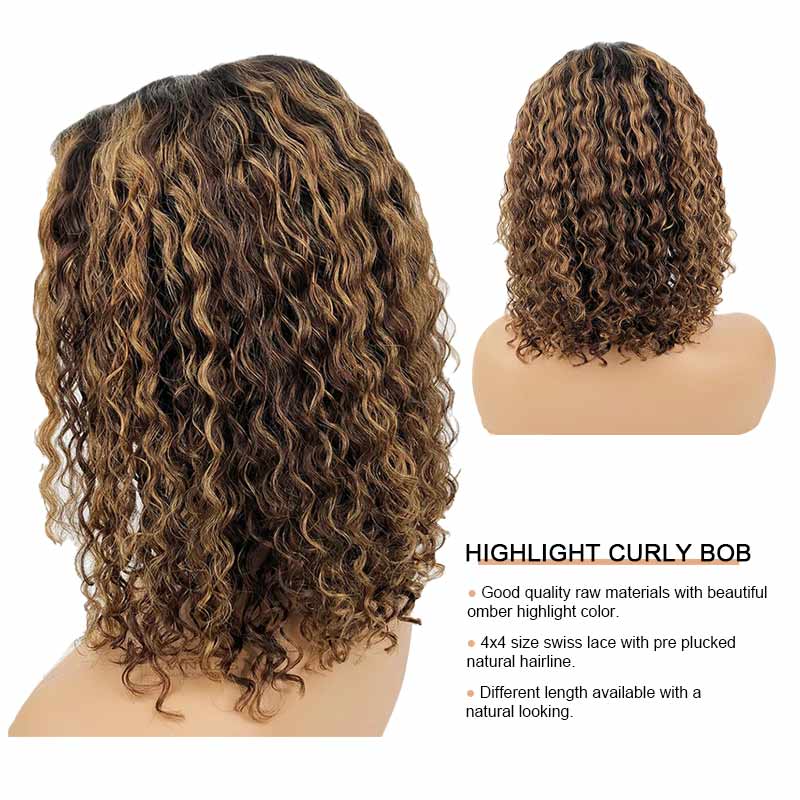 Ali Annabelle Mix Color Highlight Curly Bob Wig 4x4 Lace Closure Wig Summer Vibe