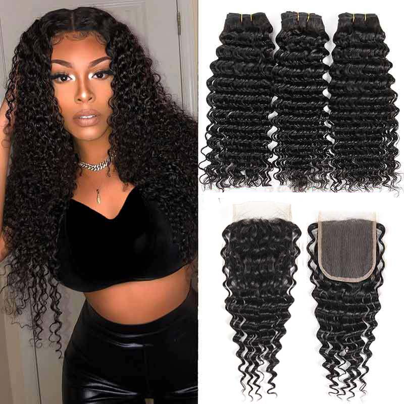 Ali Annabelle Brazilian Deep Wave Human Hair Bundles With 10-20inch Lace Closure