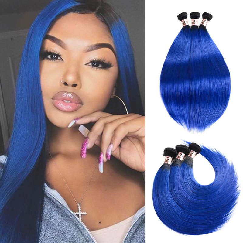 Ali Annabelle 1B/Blue 3 Bundles Virgin Straight Human Hair Weave Two Tone Color Ombre Brazilian Hair