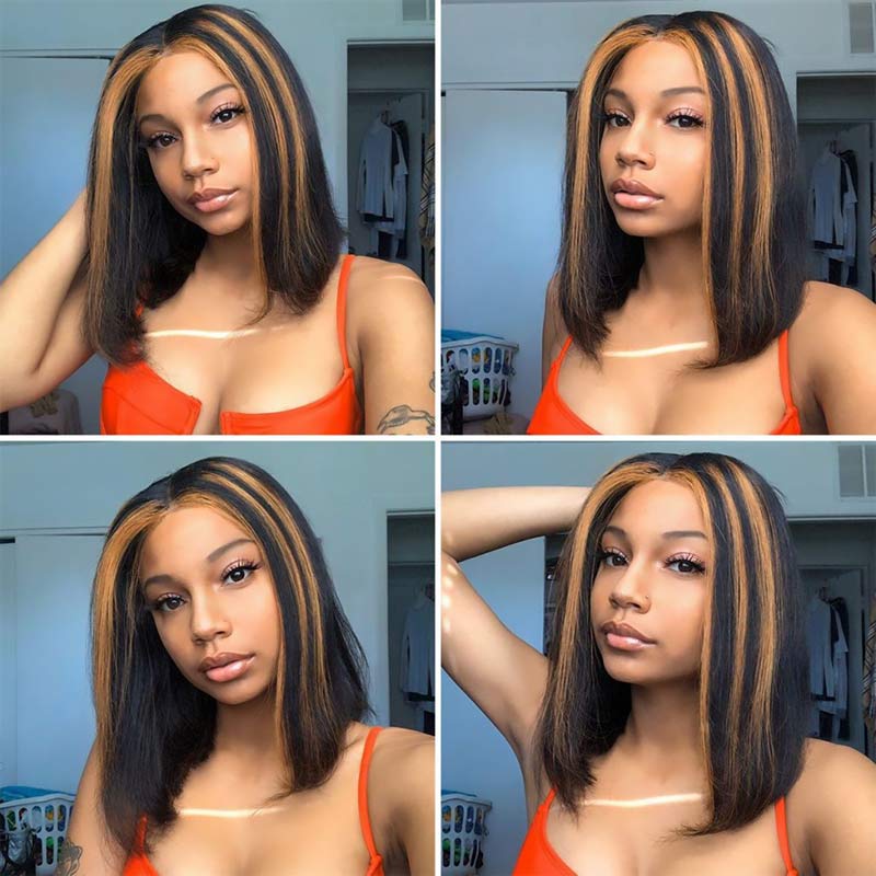 Ali Annabelle Highlight Straight BOB Wig 4/27 Short Human Hair Wigs 4x4 Lace Closure Wig