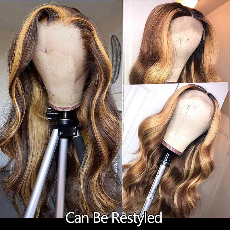 Ali Annabelle Highlight Brown Straight Wig Honey Blonde 4/27 T Part Lace Colored Human Hair Wigs