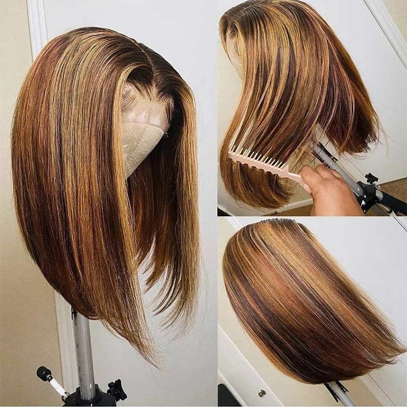 Ali Annabelle Highlight Straight BOB Wig 4/27 Short Human Hair Wigs 4x4 Lace Closure Wig