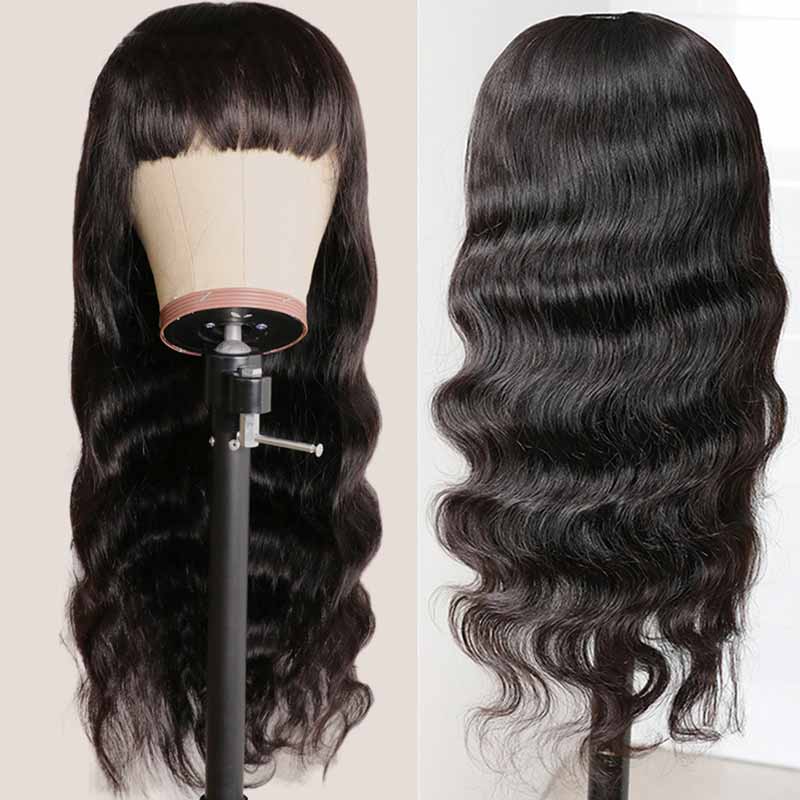 Machine Made Body Wavy Human Hair Wigs With Bangs-6