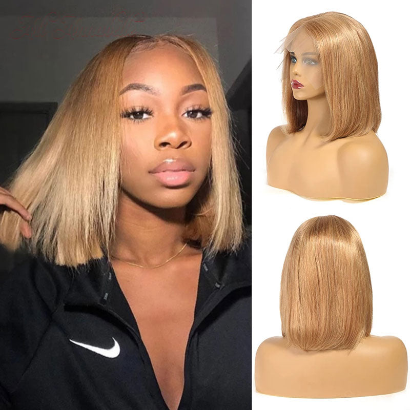 Ali Annabelle #27 Colored Human Hair Wigs Caramel Blonde Straight Short Bob Lace Front Wig