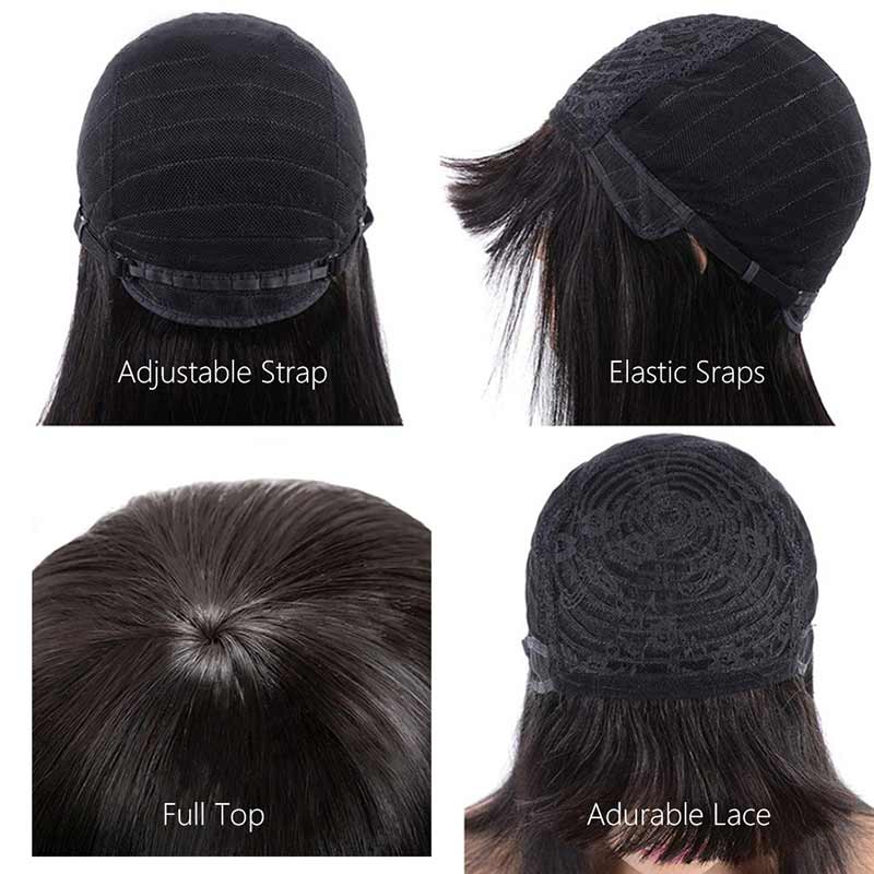 Brazilian Full Machine Made Straight Human Hair Wigs With Bangs-7