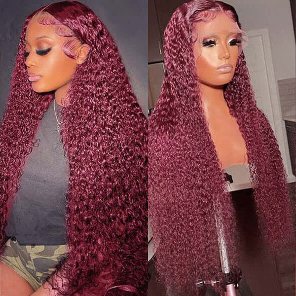 Aliannabelle 99J Burgundy Colored 13x4 Transparent Lace Front Wigs Curly Hair Human Hair Wig 180% Density