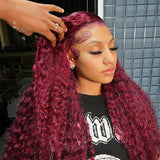 Aliannabelle 99J Burgundy Colored 13x4 Transparent Lace Front Wigs Curly Hair Human Hair Wig 180% Density