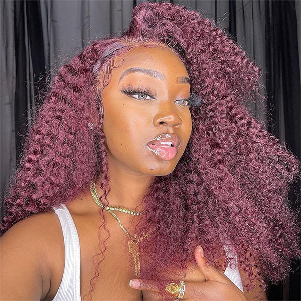 Aliannabelle 99J Burgundy Colored 13x4 Transparent Lace Front Wigs Curly Hair Human Hair Wig 180% Density