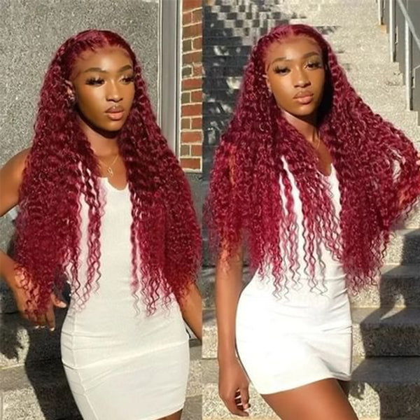 Aliannabelle 99J Burgundy Colored 13x4 Transparent Lace Front Wigs Curly Hair Human Hair Wig 180% Density