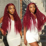 Aliannabelle 99J Burgundy Colored 13x4 Transparent Lace Front Wigs Curly Hair Human Hair Wig 180% Density
