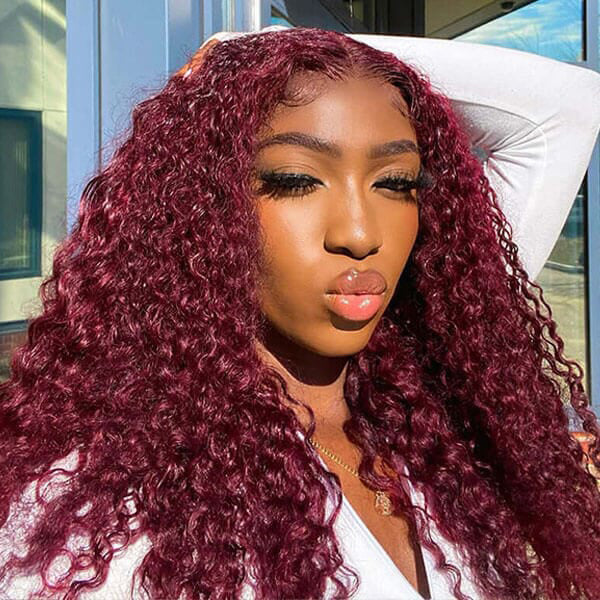 Aliannabelle 99J Burgundy Colored 13x4 Transparent Lace Front Wigs Curly Hair Human Hair Wig 180% Density