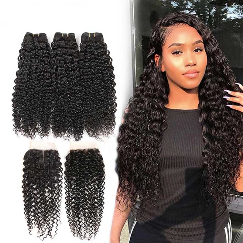 Ali Annabelle Virgin Human Hair Weave 10-26inch Kinky Culry Hair Bundles with 4x4 Swiss Lace Closure