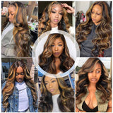 Ali Annabelle Honey Blonde And Brown Highlights Wigs on Black Hair 150% Density Body Wave Virgin Human Hair Wigs