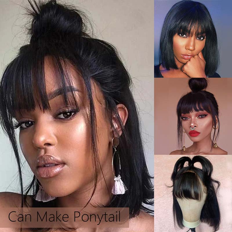 Ali Annabelle Bob Wig With Bangs 180% Density 4X4 Lace Straight Human Hair Wigs