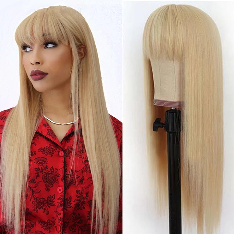 Ali Annabelle 613 Honey Blonde Glueless Straight Human Hair Wigs With Bangs Full Machine Made Wig
