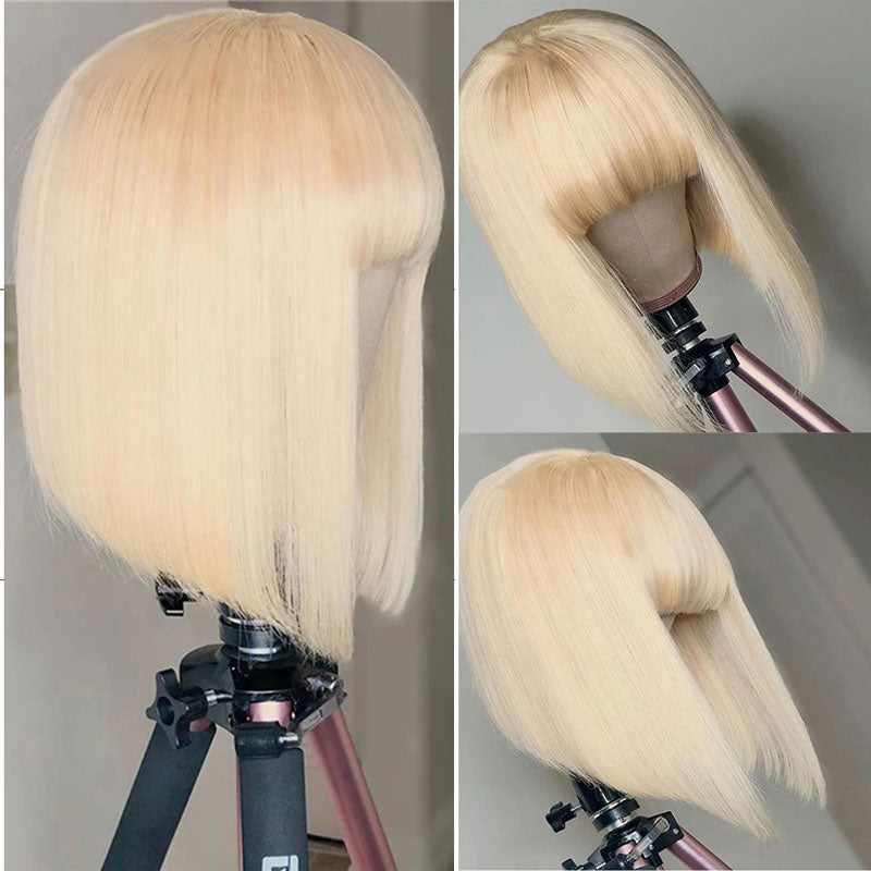 Ali Annabelle Blonde Straight Human Hair Wig with Bangs 613 Glueless Non Lace Short Bob Wigs