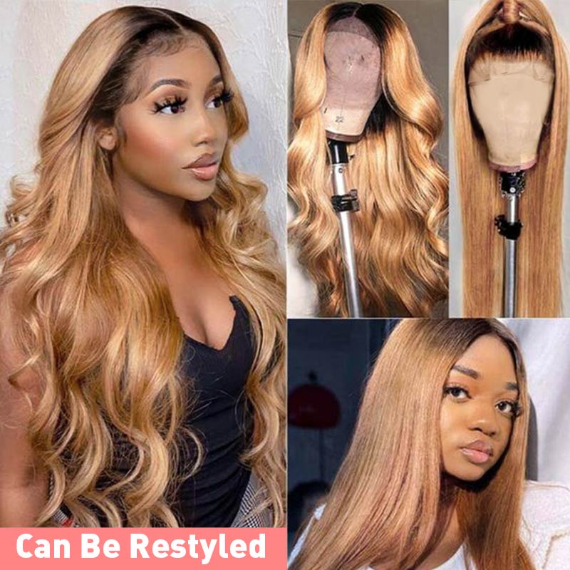 Ali Annabelle Ombre 1B/30 Colored Dark Roots Honey Brown Straight Human Hair Wigs