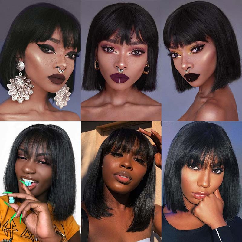 Ali Annabelle Bob Wig With Bangs 180% Density 4X4 Lace Straight Human Hair Wigs