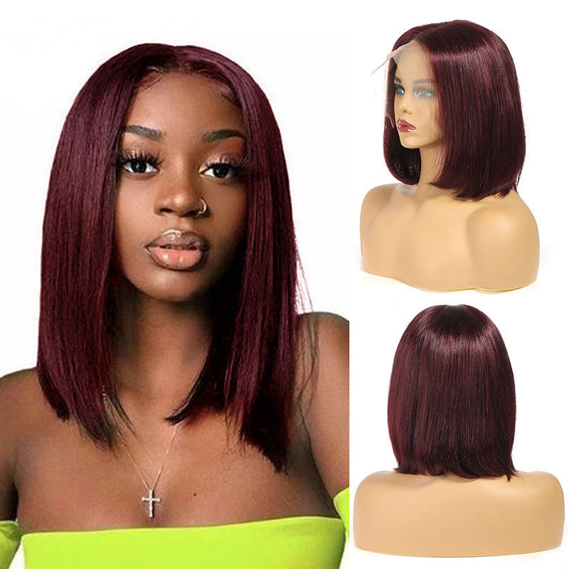 Ali Annabelle 99J Color Burgundy Red Short Bob Wigs 150% Density Straight Lace Closure Wig