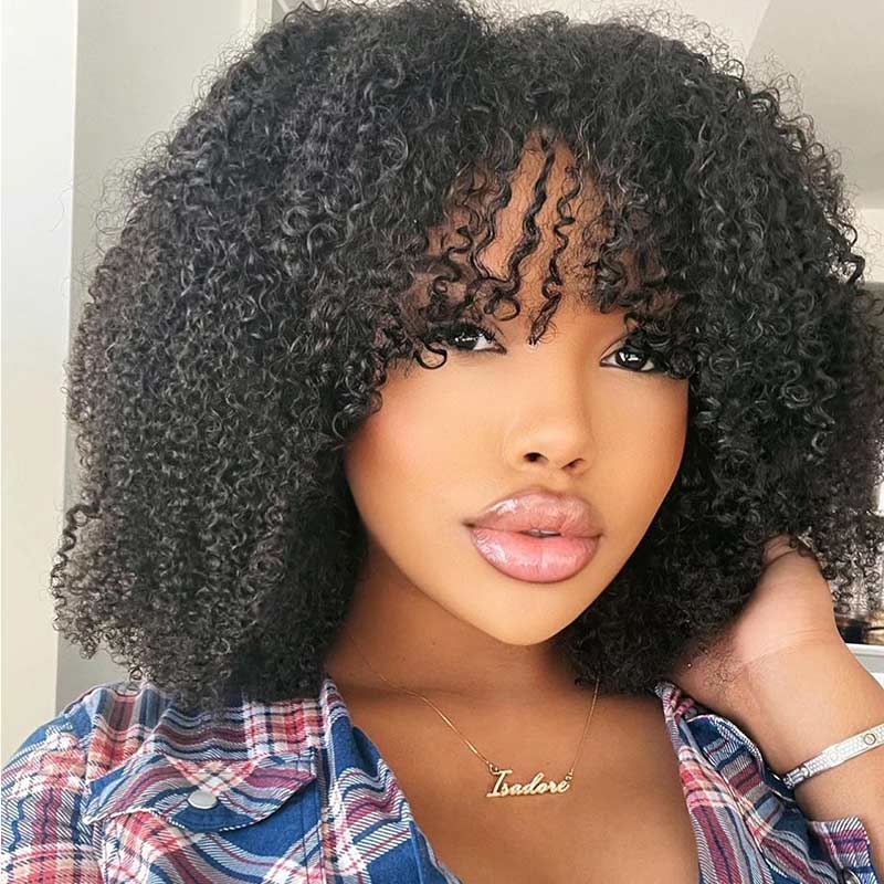 Ali Annabelle Jerry Curly Short Bob Human Hair Wigs Full Machine Made Glueless Wig with Bangs