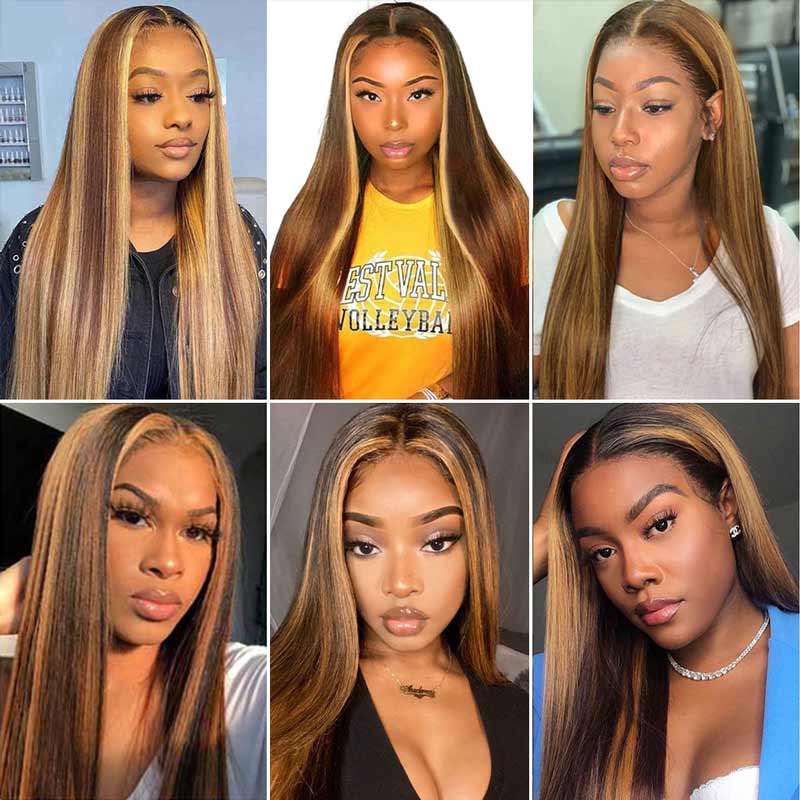 Ali Annabelle Ombre Highlight Brown Honey Blonde Premade Straight Lace Front Human Hair Wigs